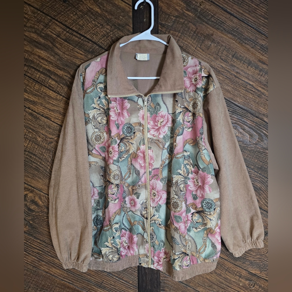 80's Floral Bomber Jacket with Pink and Tan Design 1X